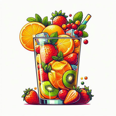 Fruit cocktail with orange, kiwi, lemon, grapefruit, strawberry and mint. Vector illustration.のイラスト素材
