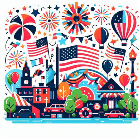 Vector illustration of USA cityscape in flat design style. Cityscape with buildings, houses, flags and balloons.のイラスト素材