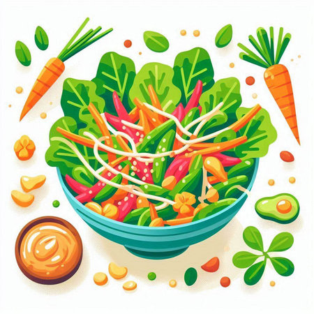 Salad in a bowl with fresh vegetables and sauce. Vector illustration.のイラスト素材