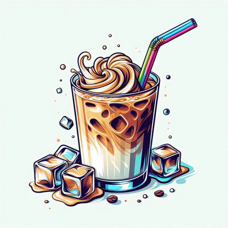 Illustration of a glass of milkshake with ice cubes and strawのイラスト素材