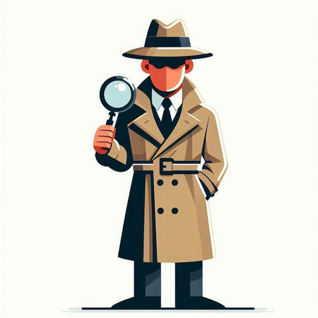 Detective with magnifying glass in flat style. Vector illustration.のイラスト素材