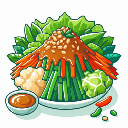 Illustration of chinese food with vegetables and sesame seeds.のイラスト素材