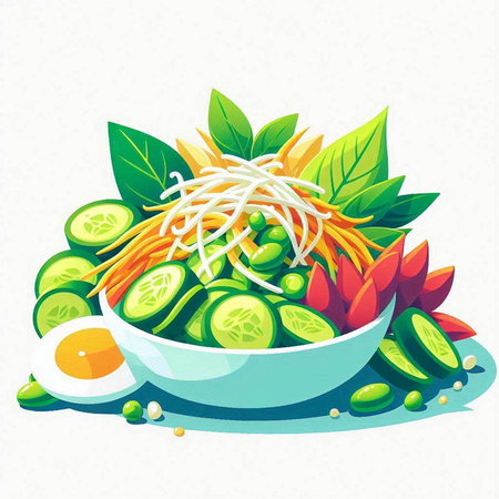 Vector illustration of a bowl of salad with cucumber, pepper, tomato and eggのイラスト素材