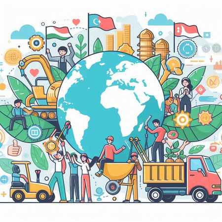Vector illustration of people working around the world. Earth day concept.のイラスト素材