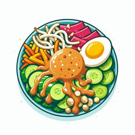 Illustration of a plate of salad with fried egg and vegetables.のイラスト素材