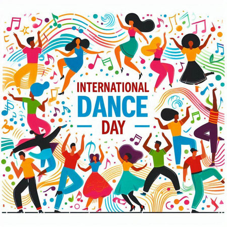 International Day of Dance poster with dancing people and music notes vector illustrationのイラスト素材