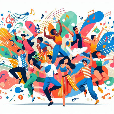 Dancing people. Colorful flat vector illustration. Music festival.のイラスト素材