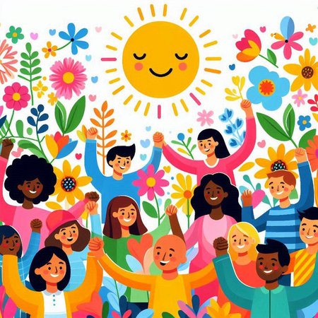 Happy group of people with raised hands and flowers around them. Vector illustration.のイラスト素材