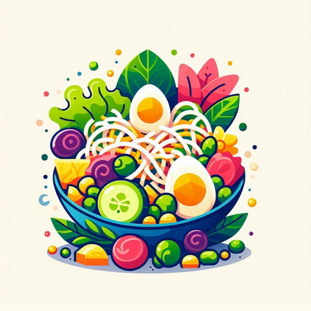 Illustration of a bowl of salad with vegetables and eggs. Vector illustration.のイラスト素材