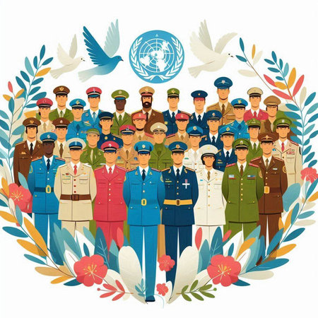 Vector illustration of a group of army people and a peace dove.のイラスト素材