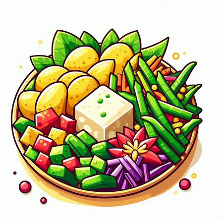 Vegetable salad in a bowl. Vector illustration on white background.のイラスト素材