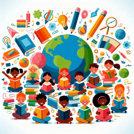 Vector illustration of school children with books, pencils, globe.のイラスト素材