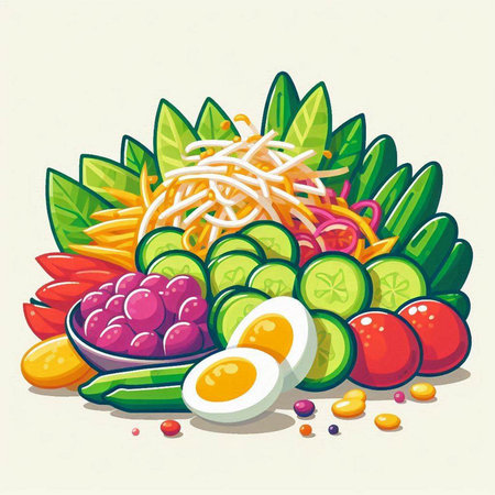 Illustration of a bowl of vegetable salad with egg on white backgroundのイラスト素材