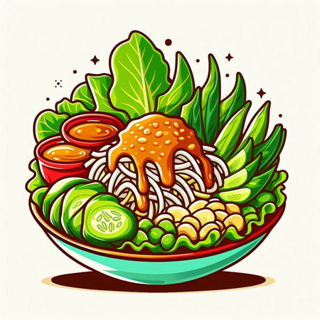 Illustration of noodle bowl with vegetables and sauce. Vector illustration.のイラスト素材