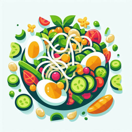 Vector illustration of fresh salad with tomato, cucumber, egg, onion, pepper and mayonnaiseのイラスト素材