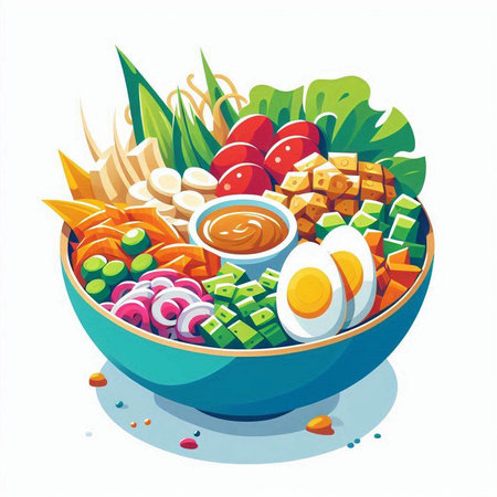 Vector illustration of a bowl of healthy vegetable salad with tofu and eggsのイラスト素材