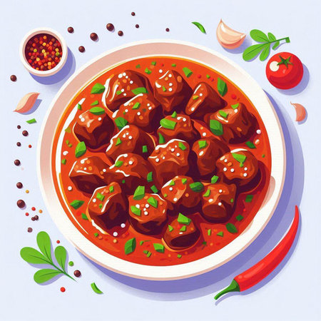 Meatballs in tomato sauce with spices and herbs. Vector illustration.のイラスト素材