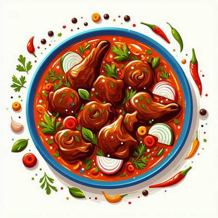 Illustration of a bowl of lamb meat stewed in tomato sauce.のイラスト素材