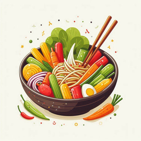 Bowl of noodle with vegetables and chopsticks. Vector illustration.のイラスト素材