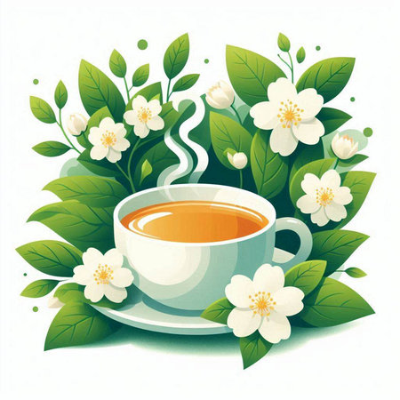 Cup of tea with jasmine flowers. Vector illustration.のイラスト素材