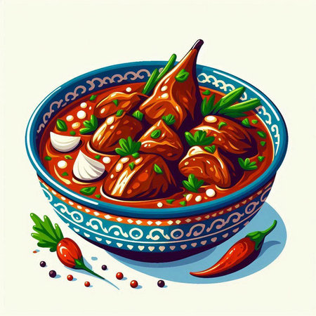 Illustration of a bowl of lamb meat with garlic, parsley and pepperのイラスト素材
