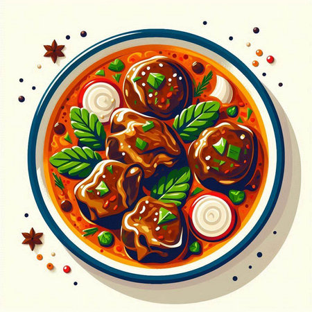 Meatballs in tomato sauce with onions and parsley. Vector illustration.のイラスト素材