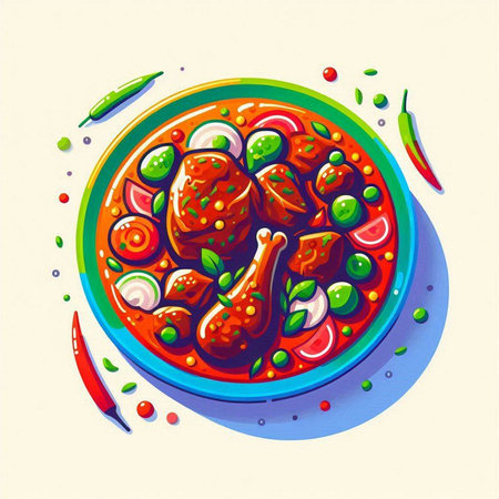 Illustration of a bowl of chicken meat with vegetables and spices.のイラスト素材