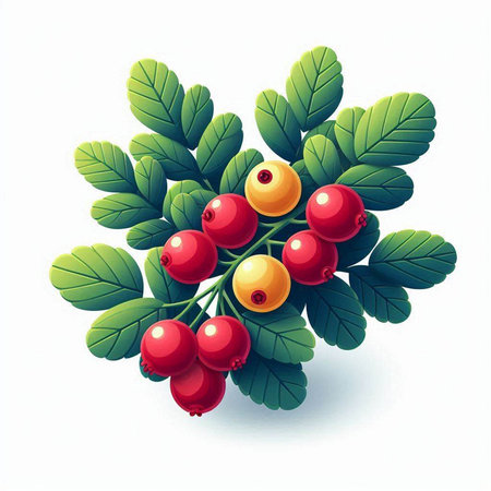 Bunch of red and yellow berries with green leaves isolated on white backgroundのイラスト素材