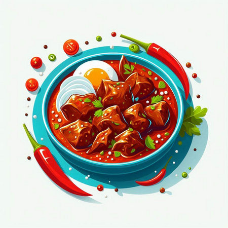 Illustration of a bowl of beef stew with egg and chili pepperのイラスト素材