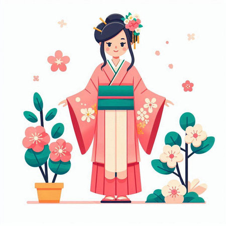 Cute girl in a kimono with flowers. Vector illustrationのイラスト素材