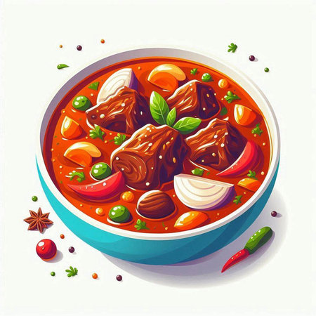 Illustration of a bowl of spicy beef stew with vegetables and spicesのイラスト素材