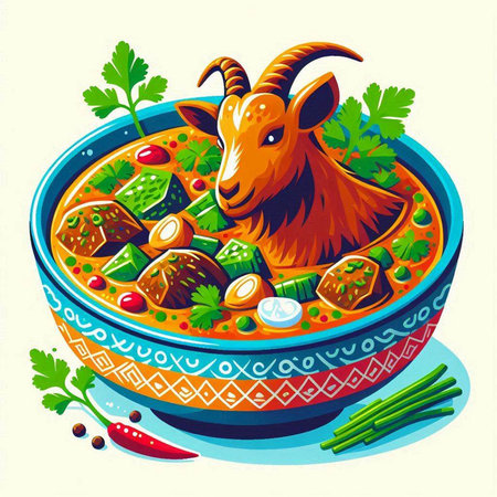 Goat in a bowl of chinese soup. Vector illustration.のイラスト素材