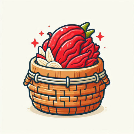 Hand drawn vector illustration of a strawberry in a wicker basket.のイラスト素材