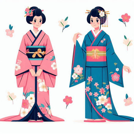 Beautiful japanese girls in kimono. Vector illustration.のイラスト素材