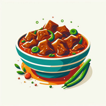 Beef stew in a bowl with green peppers and tomatoes. Vector illustration.のイラスト素材