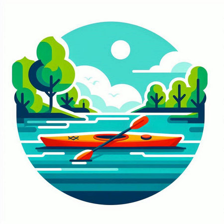 Kayak on the lake. Vector illustration in a flat style.のイラスト素材