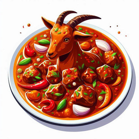 Goat with meatballs in tomato sauce. Vector illustration of a cartoon style.のイラスト素材