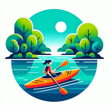 Young woman kayaking on the lake. Vector illustration in flat styleのイラスト素材