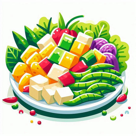 Vector illustration of salad with feta cheese and green beans on plateのイラスト素材