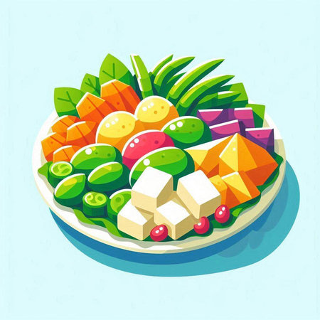 Fruits and vegetables on plate. Vector illustration in cartoon style.のイラスト素材