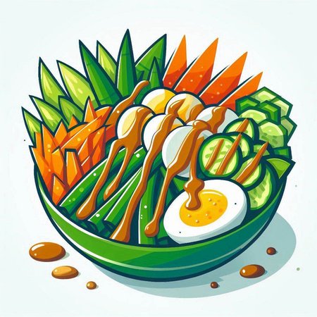 Illustration of a bowl of salad with vegetables and eggs, vector illustrationのイラスト素材