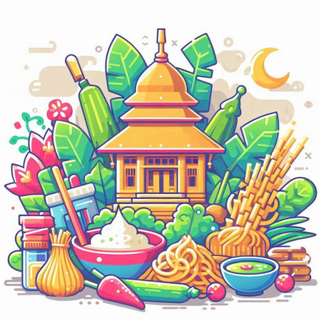 Thai temple and traditional symbols. Vector illustration in cartoon style.のイラスト素材