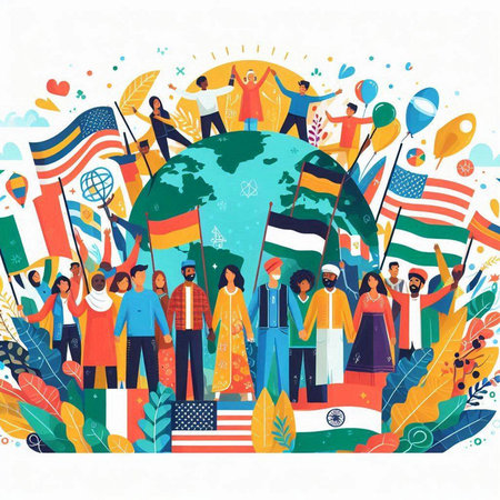 People holding flags of different countries around the globe. Vector illustration.のイラスト素材