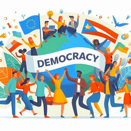 Group of people with flags, banners and placards. Vector illustration.のイラスト素材