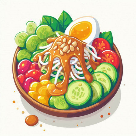 Illustration of a bowl of vegetable salad with squid, egg and cucumberのイラスト素材