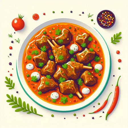 Meatballs stewed in tomato sauce. Vintage style vector illustration.のイラスト素材