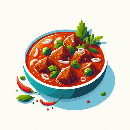 Illustration of a bowl of tomato curry with parsley and onionsのイラスト素材
