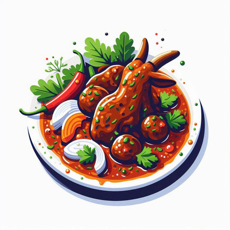 Illustration of chicken meat with spices and herbs in tomato sauce.のイラスト素材
