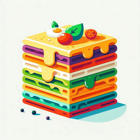 Illustration of a stack of colorful pancakes with fruits and vegetables.のイラスト素材