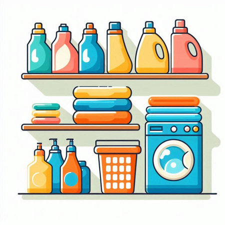 Laundry room with washing machine, washing machine, detergent bottles and washing powder. Vector illustration.のイラスト素材